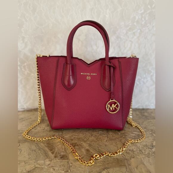 MICHAEL KORS cranberry hard pebble leather crossbody Small satchel tote - Picture 1 of 6